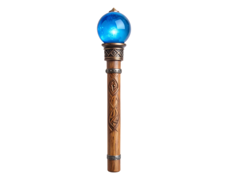 Glowing wizard staff with crystal orb and ancient carvings, isolated on a transparent background