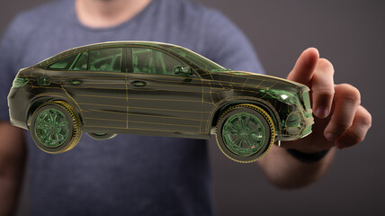 Person interacting with a digital car model.  Perfect for automotive, technology, and innovation concepts.
