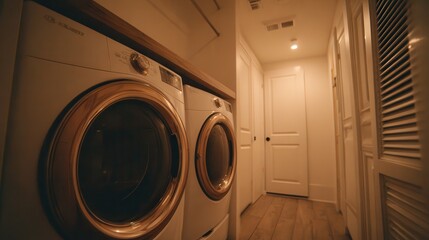 Laundry room with modern washing machine and organized space for efficient household chores at home