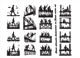 Fototapeta premium Steelworkers on Beam Silhouette Vector – Iconic Construction Scene with Skyline Background