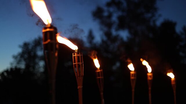A row of tiki torches casting warm flames and smoke trails against a backdrop of silhouetted trees and twilight sky, creating a moody outdoor ambiance