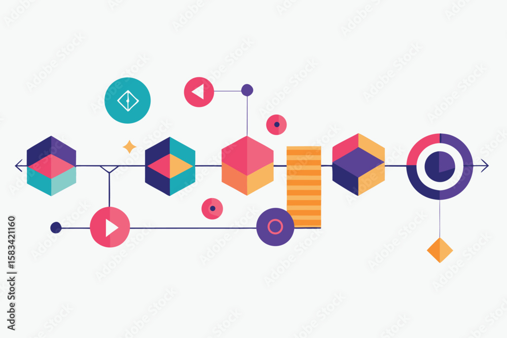 Poster geometric abstract design with colorful shapes and icons illustrating a process or sequence flow