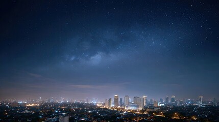 Nighttime Urban Skyline with Stars and Milky Way Over City in Dark Sky