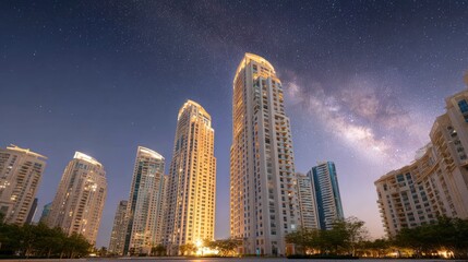 Stunning City Skyline at Night with Bright Stars and Beautiful Towers Illuminated Under the Milky Way