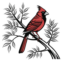 Vibrant Cardinal Perched on a Branch Graphic Illustration with Stylized Leaves and Distinct Outlines