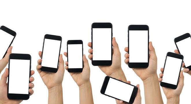 Many hands holding smartphones with blank screens