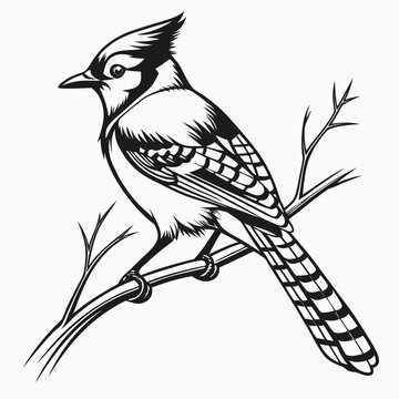 Striking Blue Jay Illustration Perched on a Branch Detailed Black and White Design