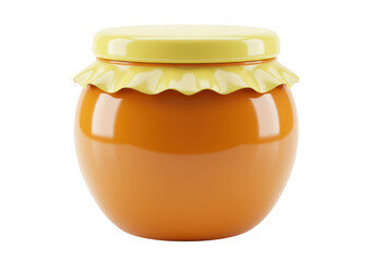 A round orange honey jar with a yellow lid sits on a transparent background