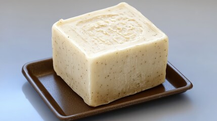 Natural Organic Soap Bar on Brown Tray with Textured Surface