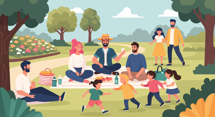 Illustrated family picnic scene with adults children food and outdoor setting.