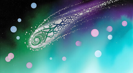 A vibrant comet with a swirling tail of light and particles traverses the colorful cosmos