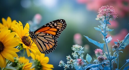 Obraz premium A colorful monarch butterfly with delicate orange and black wings sips nectar from a vibrant flower in a summer garden, a beautiful close-up of nature's flying insect