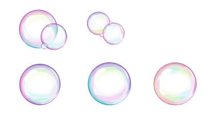 Fototapeta premium Illustration showing multiple soap bubbles with iridescent colors floating against a white background space