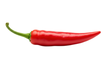 One single vibrant red chili pepper with smooth glossy skin and a fresh green stem, tapering to a pointed tip, horizontally isolated against a transparent shadowless background in a slightly