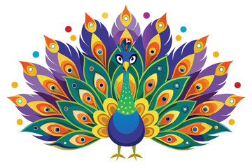 Colorful Peacock Illustration Displaying Vibrant Plumage and Intricate Feather Designs on a White Background