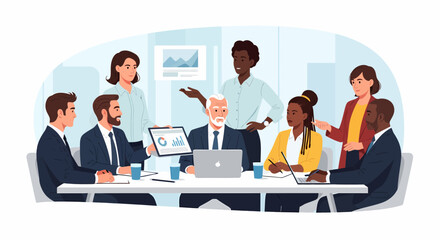 Diverse Business Team Meeting with Data Presentation and Collaborative Discussion.