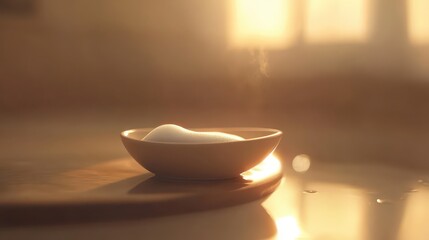 Soft White Soap on a Shiny Surface with Warm Light and Steam