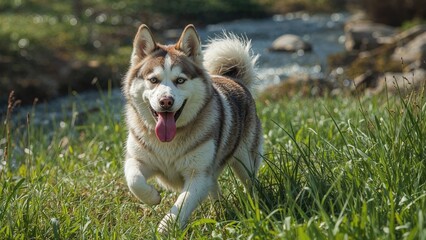 Playful husky sprinting alongside a flowing river