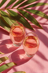 Glasses of rose wine on pink background with palm leaf shadows from sunlight. Minimal Top view Vintage wineglasses and bottle, sparkling alcohol drink above view, caustics from hard light, copyspace