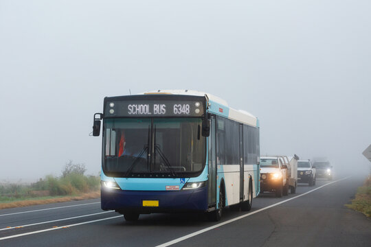 Bus and cars travelling on highway road through fog with low visibility