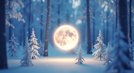 Enchanting full moon glows over snow-covered forest with Christmas trees and delicate snowflakes