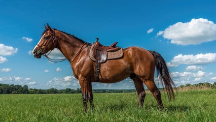 Obraz premium Mounted horse patiently awaiting its rider