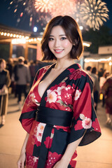 夜の街を歩くセクシーな着物の女性