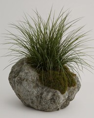 Artificial rock style garden pot with mossy look on plain white background