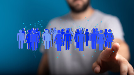 Stock photo of a person interacting with a digital network of people, symbolizing teamwork,...
