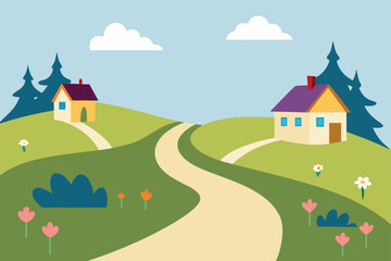 Naklejka premium Cartoon vector illustration of a charming castle on a green hill with a winding road, surrounded by a peaceful rural landscape under a summer sky