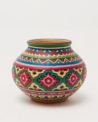 Hand painted tribal pattern pot in bright colors on plain white background