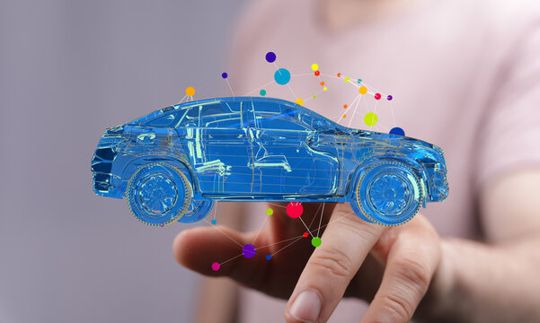 Modern automotive design.  See a futuristic 3D car model visualized with connected data points. - Powered by Adobe