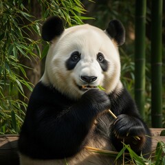 Fototapeta premium Giant Panda Enjoying Bamboo - A Close-Up