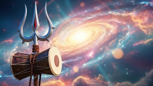Cosmic Divinity: Sacred Trident and Drum Against a Swirling Galaxy Background