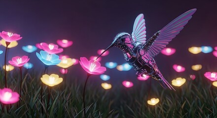 Fototapeta premium Futuristic hummingbird amidst glowing flowers in a vibrant digital garden setting
