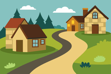 Cartoon vector illustration of a cozy village home on a hill with a charming garden landscape
