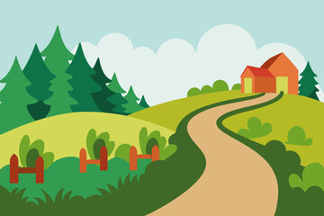 Naklejka premium Green summer rural landscape with cartoon houses, trees, hills, and a cloudy sky