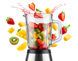 Fruit Blender in Action with Colorful Juice Splash and Ingredients Mid-Air, Dynamic Composition PNG