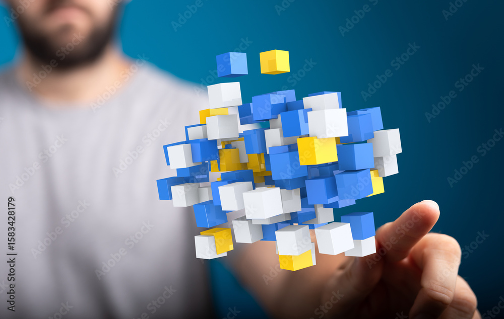 Poster abstract image of a person interacting with floating 3d data cubes, representing digital technology,