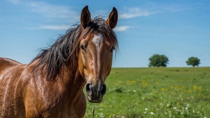 Fototapeta premium Content horse headshot in grassy outdoors