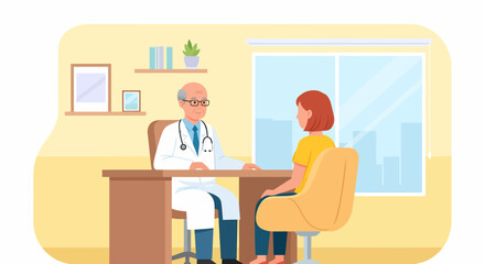 Doctor in consultation with a patient in a bright modern office setting.