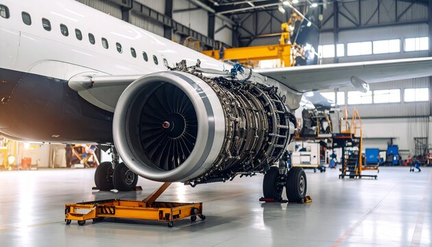 Industrial commercial aircraft engine repair and maintenance on the wing inside a hangar - showcasing precision engineering, aviation technology, and professional aerospace service environment