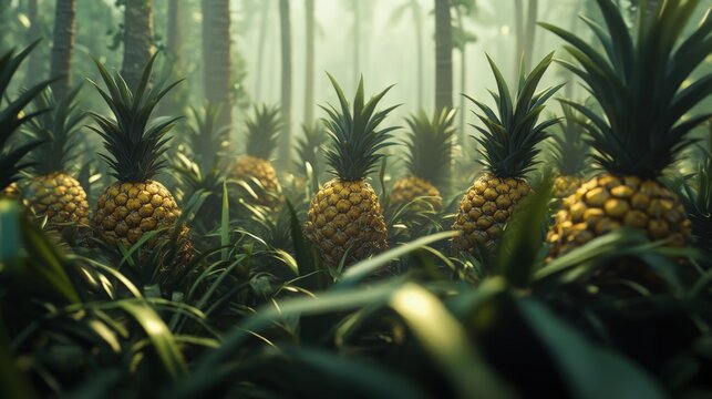 A tropical forest filled with pineapples.