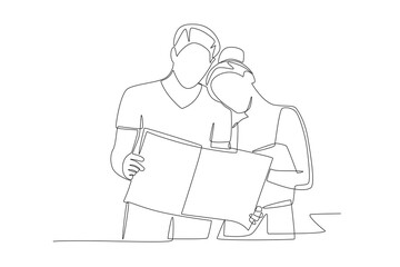Romantic couple looking at map while on vacation. Romantic trips concept one-line drawing