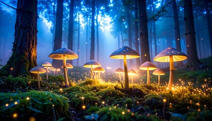 Bioluminescent mushroom forest with glowing spores floating through misty atmosphere creating ethereal light trails at twilight