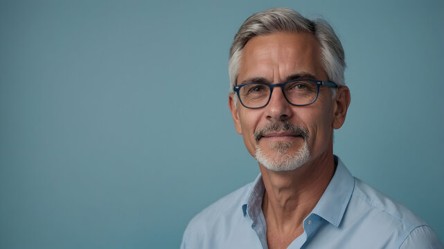 A portrait of a mature man with glasses, smiling confidently against a blue background, wearing a blue shirt.