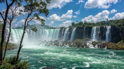 Fototapeta premium Zoomed-in images of a prominent waterfall from the local side.