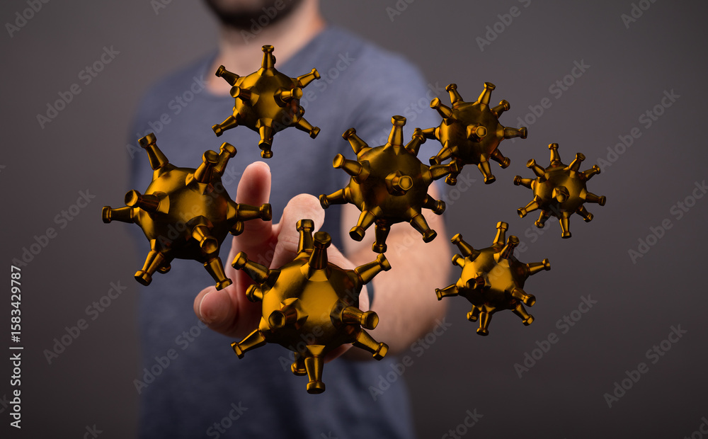 Fototapete 3D rendering of golden virus particles hovering above a hand, symbolizing disease control or research.