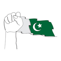 Pakistan Independence Day simple web banner background with flag and hand. One continuous line drawing with lettering Pakistan.