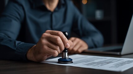 Professional hand stamping document with official seal in office setting